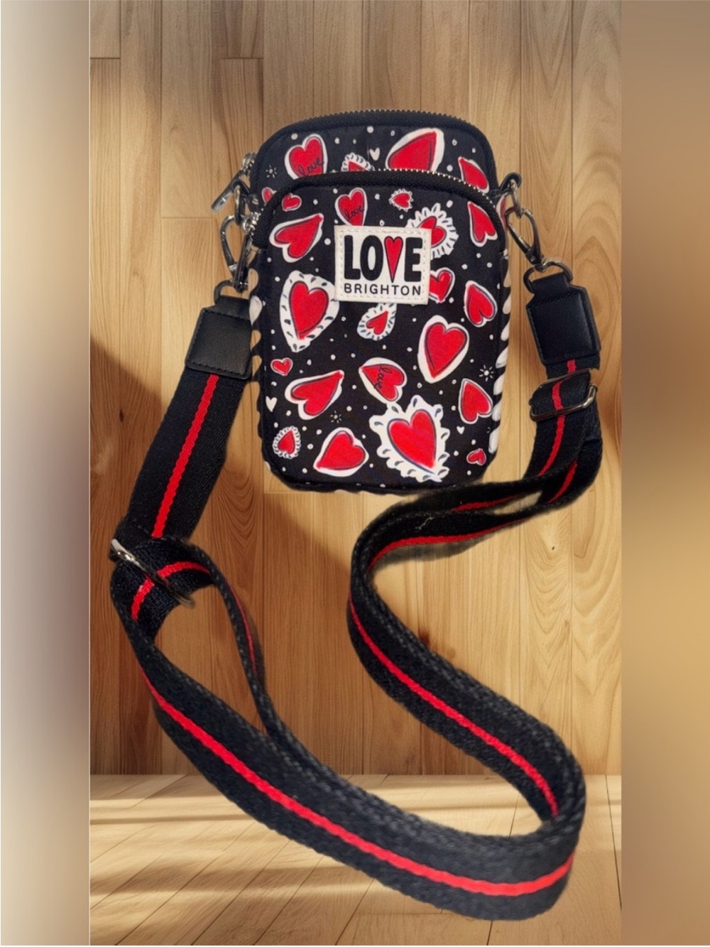 Brighton Black Crossbody Bag with Red and White Hearts - Picture 3 of 7